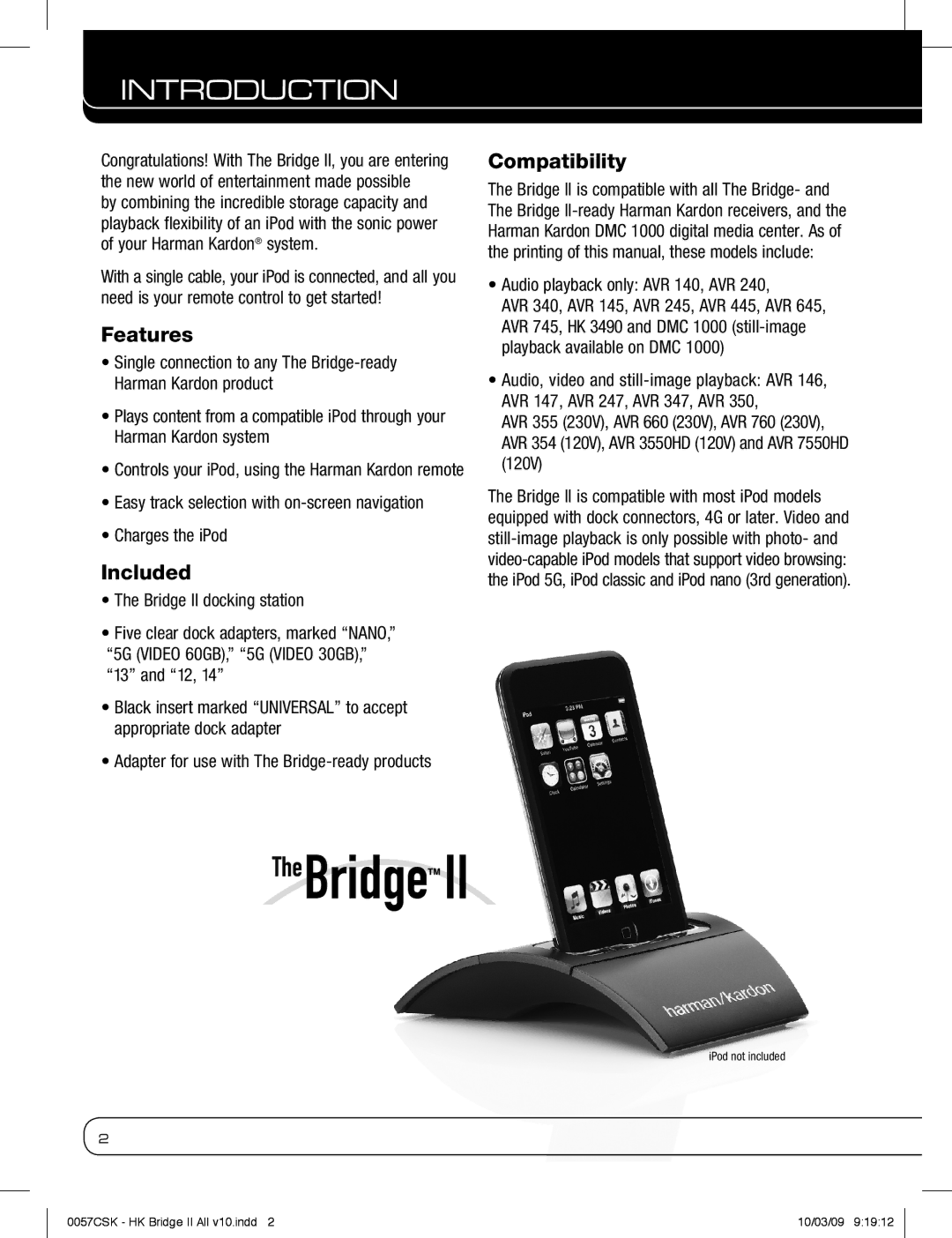 Harman-Kardon MP3 Docking Station owner manual InTRODUCTION, Features, Included, Compatibility 