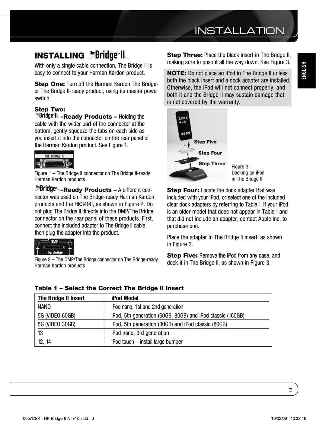 Harman-Kardon MP3 Docking Station InSTALLATION, Installing, Step Two, Select the Correct The Bridge II Insert IPod Model 