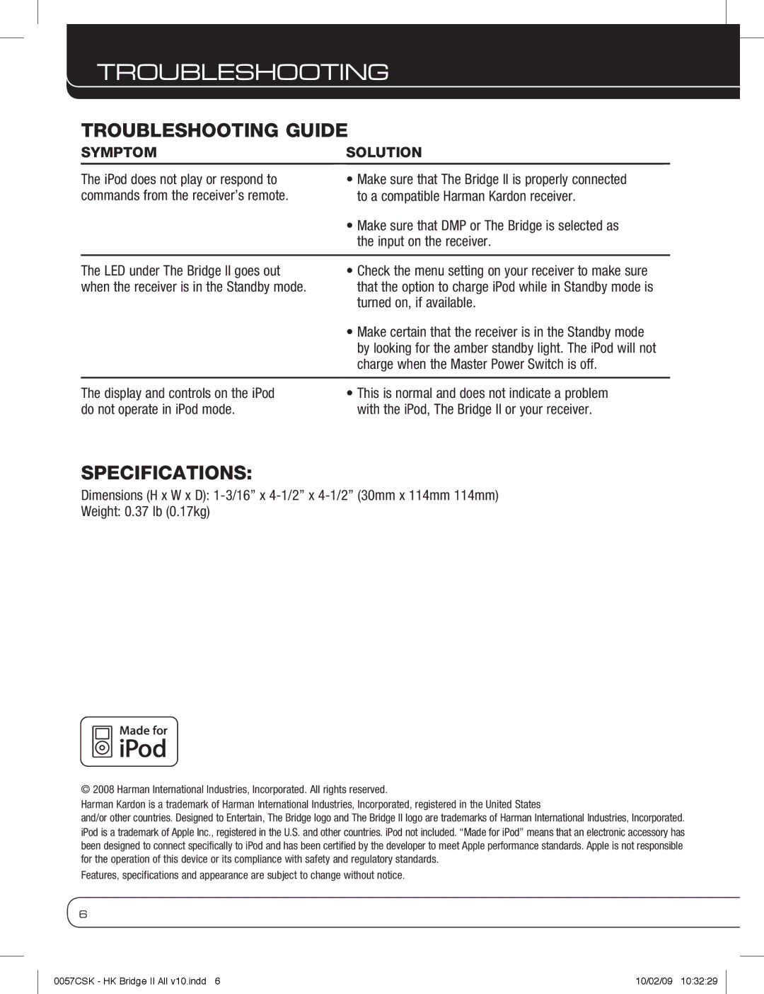 Harman-Kardon MP3 Docking Station owner manual Troubleshooting, Specifications 