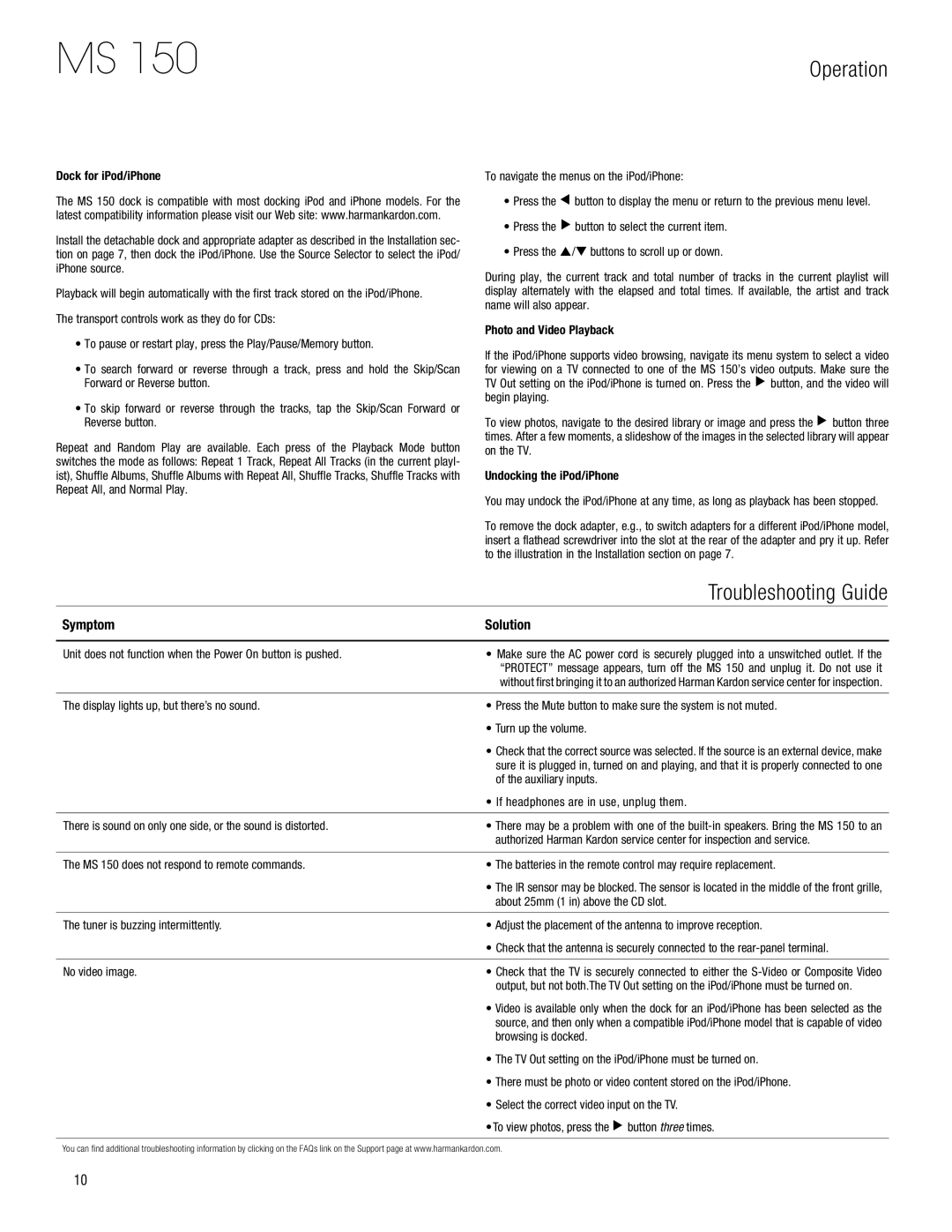 Harman-Kardon MS 150 Troubleshooting Guide, Dock for iPod/iPhone, Photo and Video Playback, Undocking the iPod/iPhone 