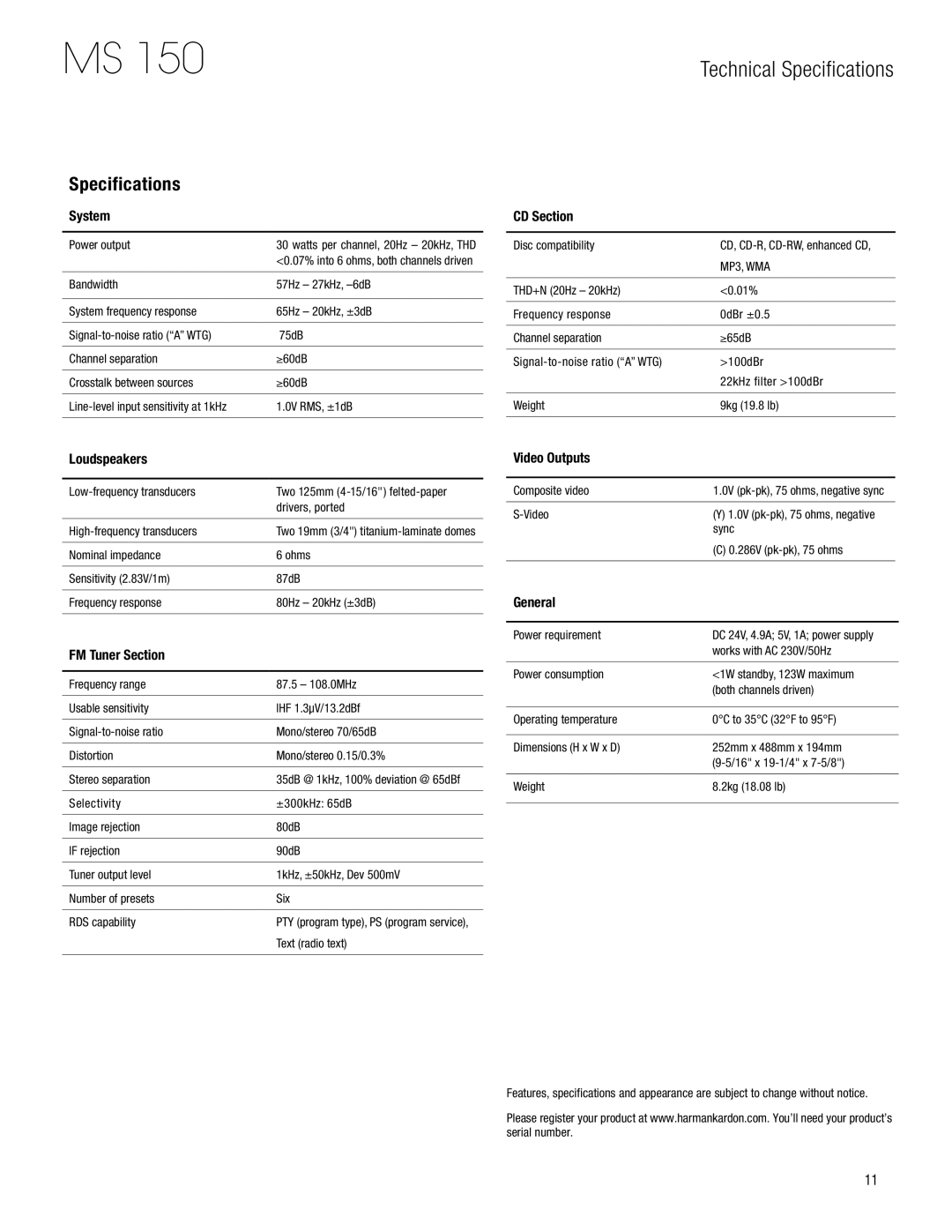 Harman-Kardon MS 150 owner manual Technical Specifications 