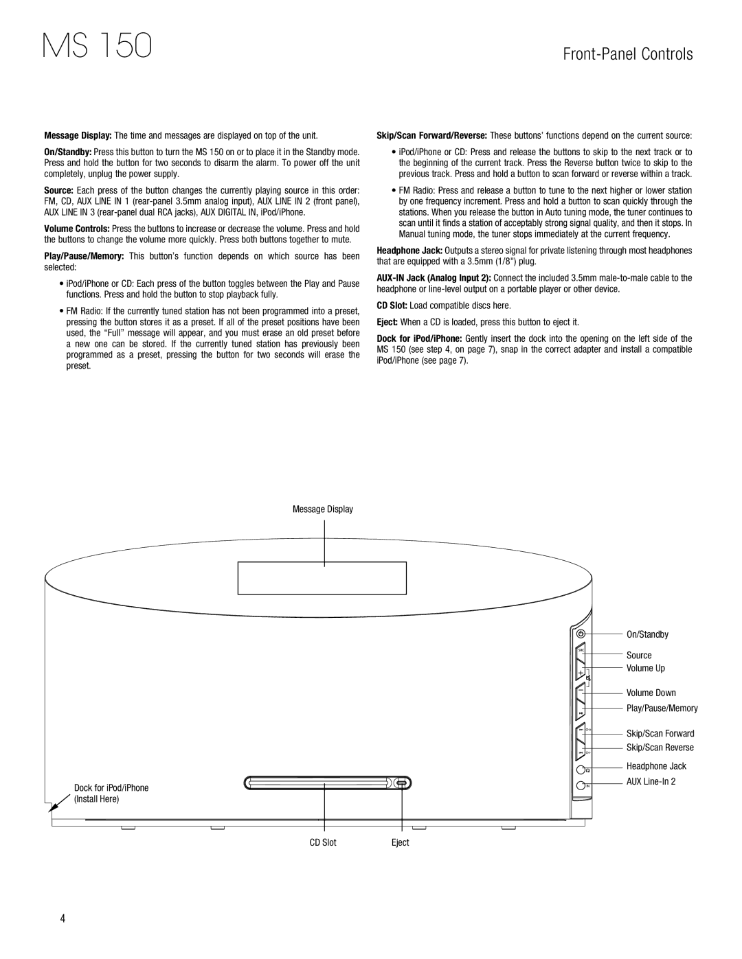 Harman-Kardon MS 150 owner manual Front-Panel Controls, Message Display Dock for iPod/iPhone Install Here 