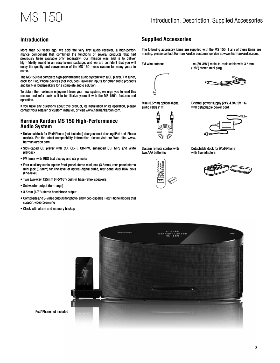Harman-Kardon owner manual Introduction, Supplied Accessories, Harman Kardon MS 150 High-PerformanceAudio System 