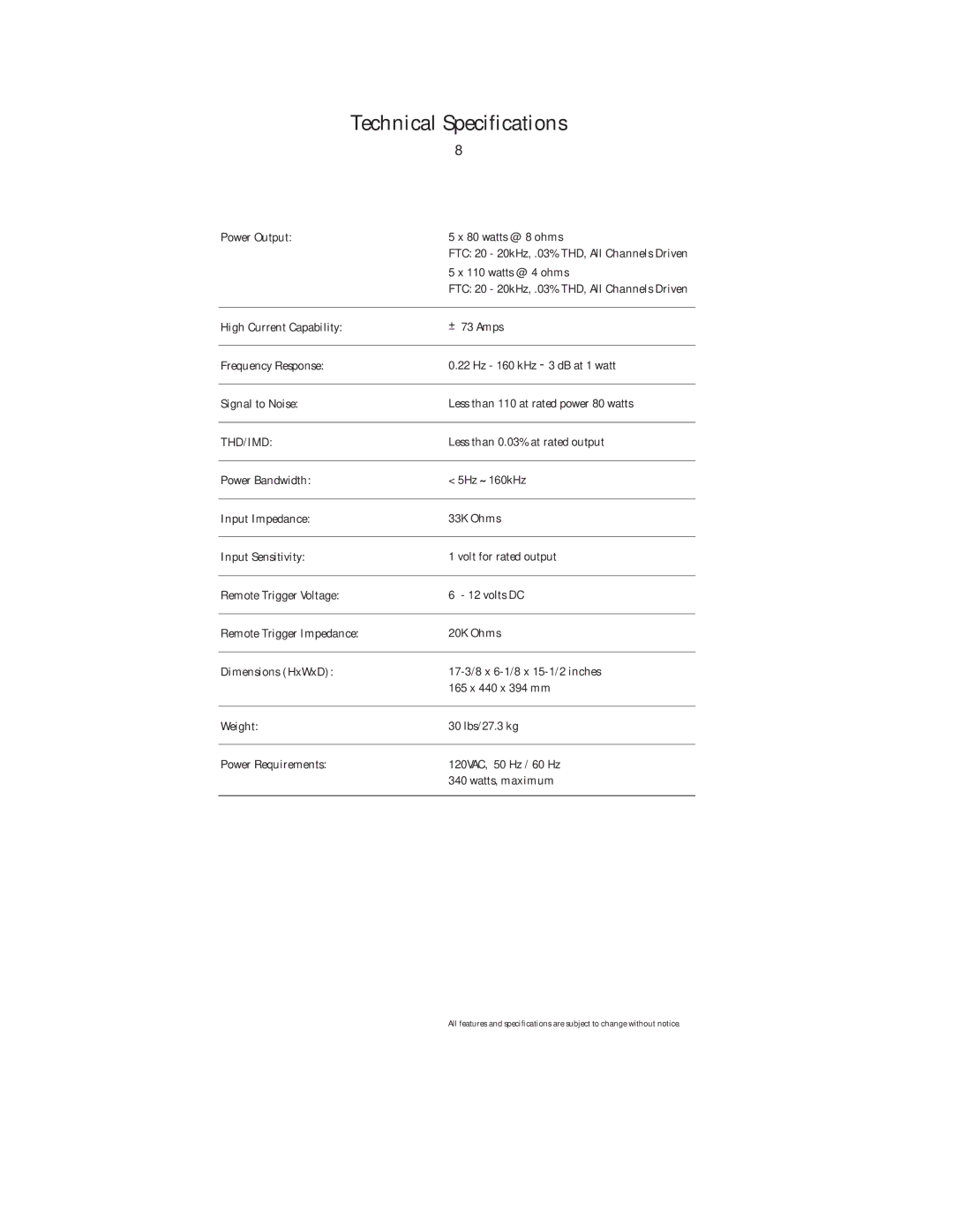 Harman-Kardon PA5800 owner manual Technical Specifications, Thd/Imd 