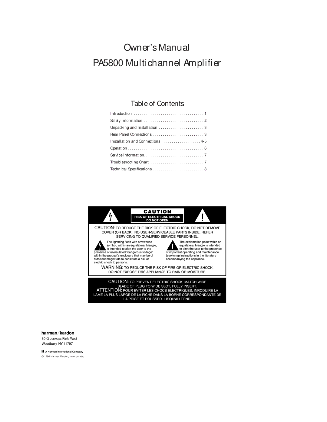 Harman-Kardon owner manual PA5800 Multichannel Amplifier, Table of Contents 