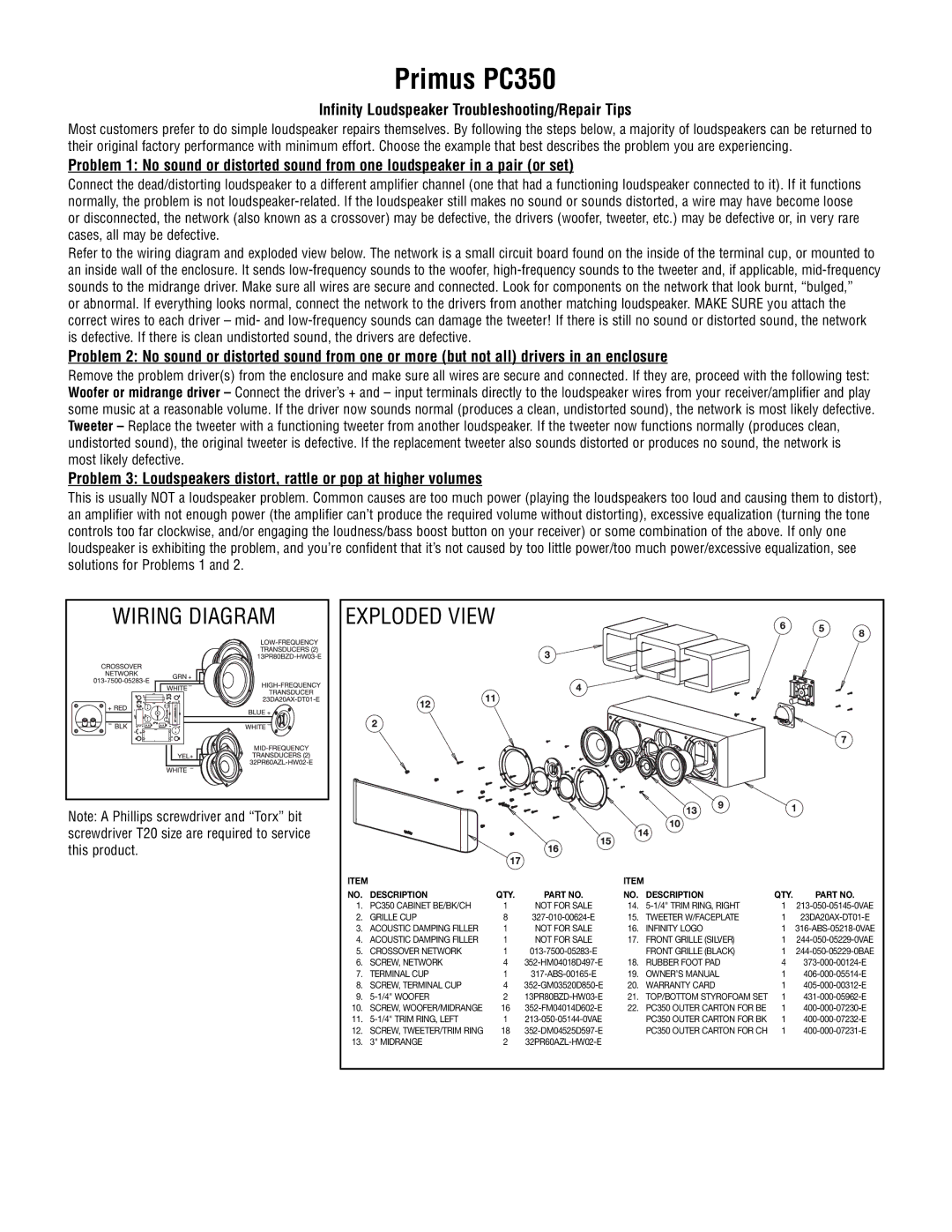 Harman-Kardon owner manual Primus PC350, Exploded View, Infinity Loudspeaker Troubleshooting/Repair Tips 