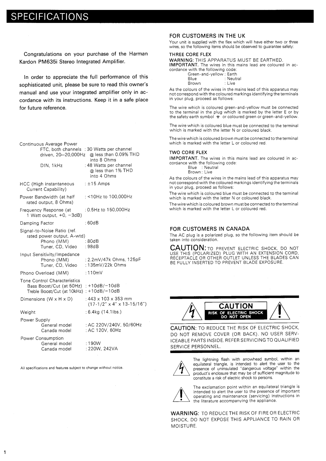 Harman-Kardon PM635I manual 