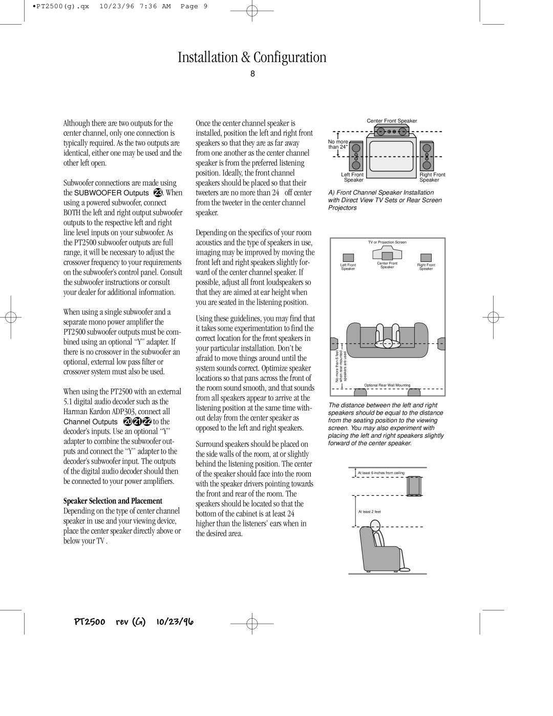 Harman-Kardon owner manual When using the PT2500 with an external 