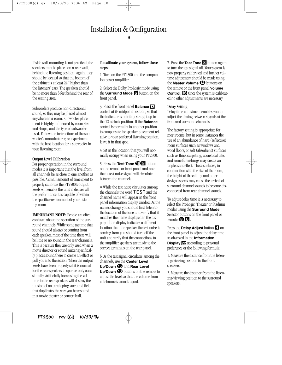 Harman-Kardon PT2500 owner manual Output Level Calibration, To calibrate your system, follow these steps, Delay Setting 