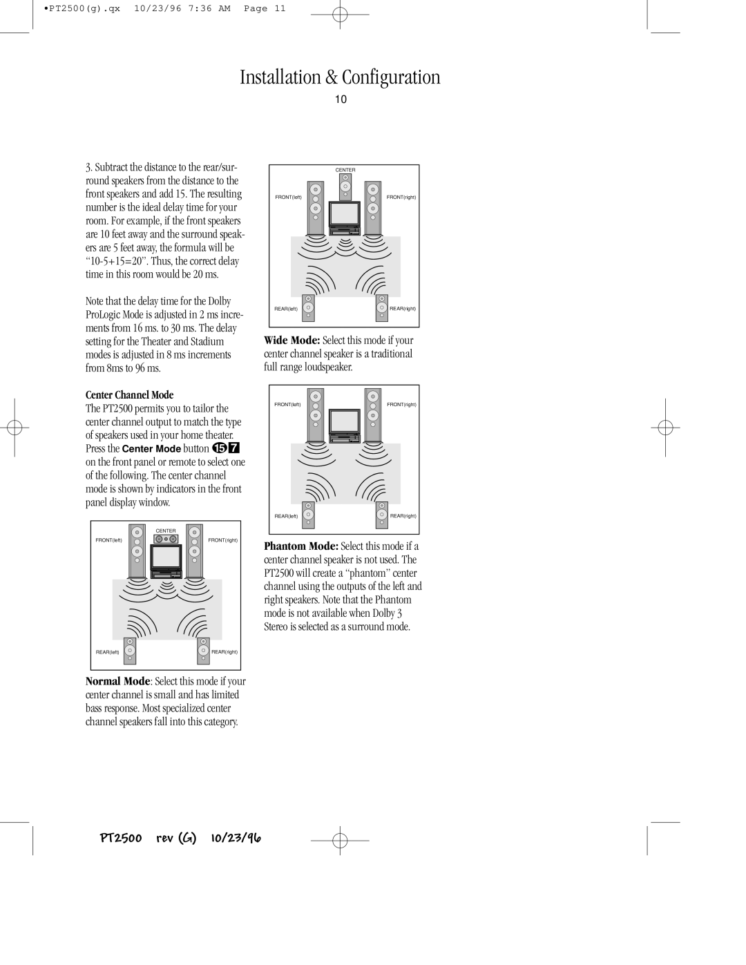 Harman-Kardon PT2500 owner manual Center Channel Mode 