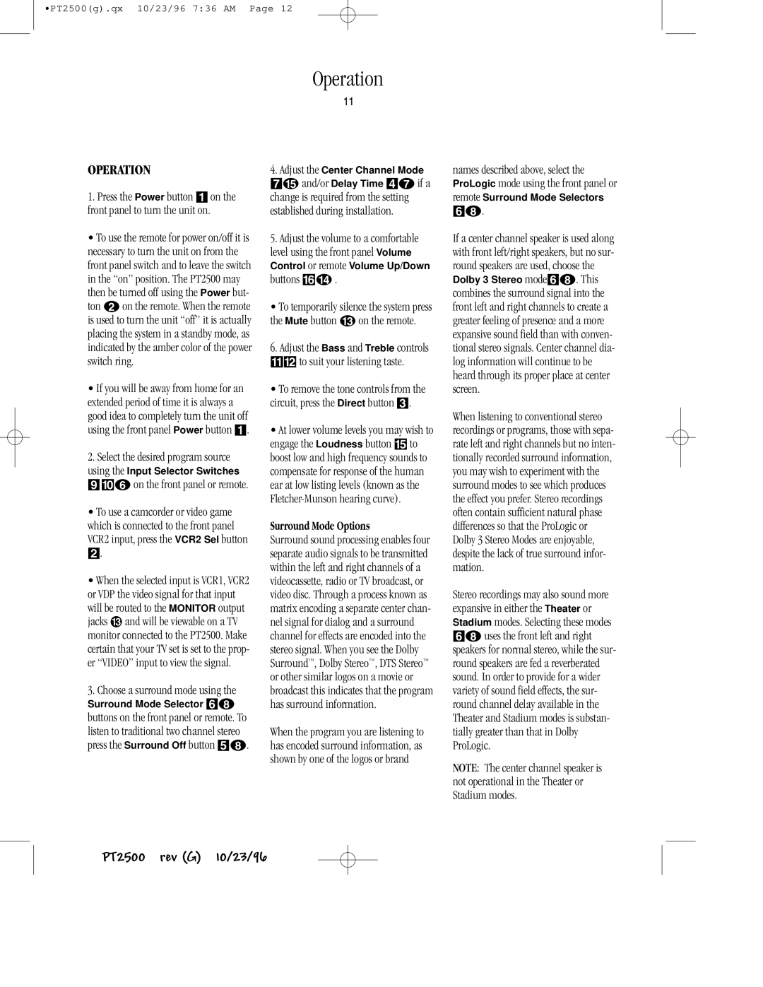 Harman-Kardon PT2500 owner manual Operation, Surround Mode Options 