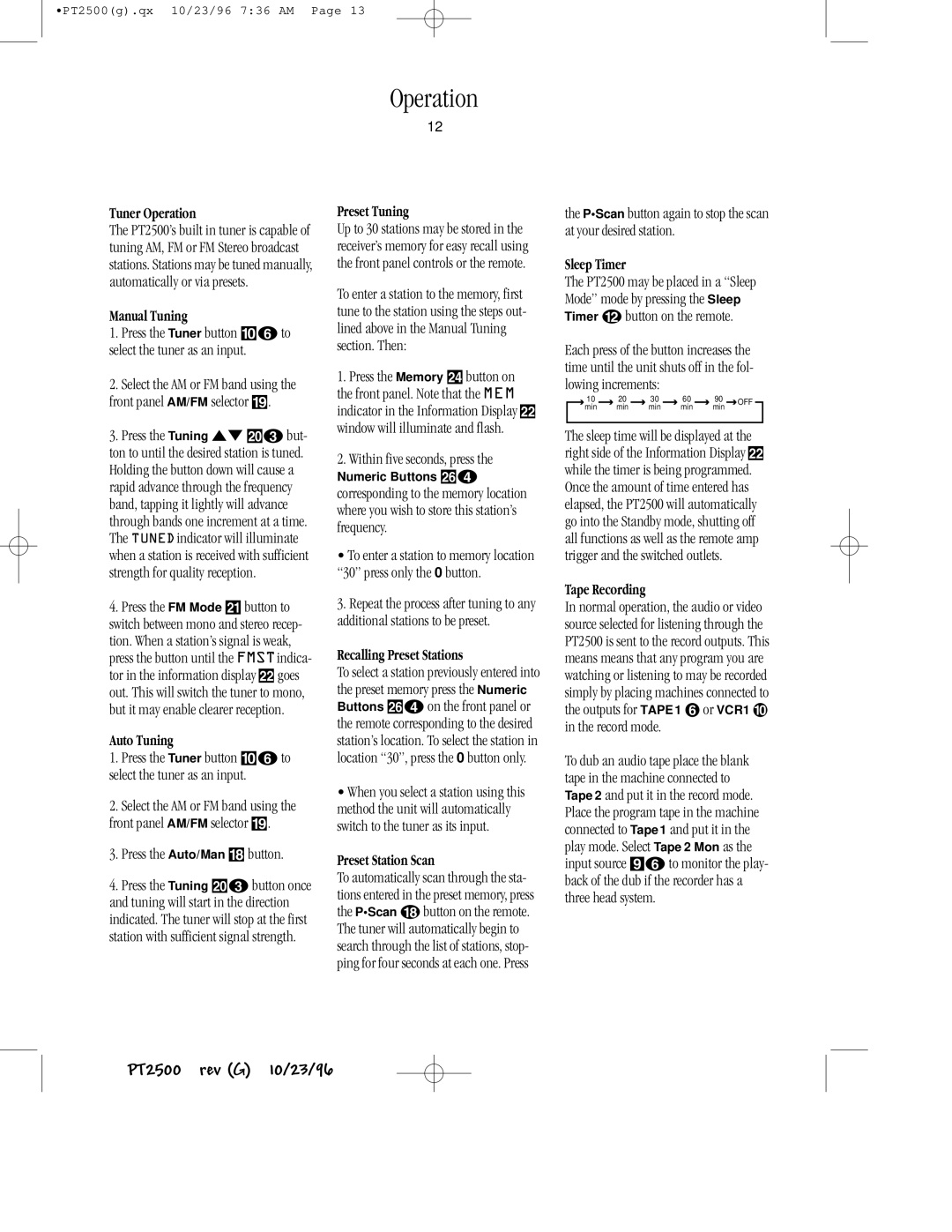 Harman-Kardon PT2500 Tuner Operation, Manual Tuning, Auto Tuning, Preset Tuning, Recalling Preset Stations, Sleep Timer 