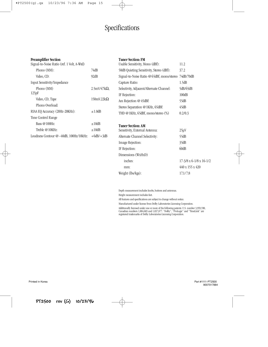 Harman-Kardon PT2500 owner manual Specifications, Preamplifier Section, Tuner Section FM, Tuner Section AM 