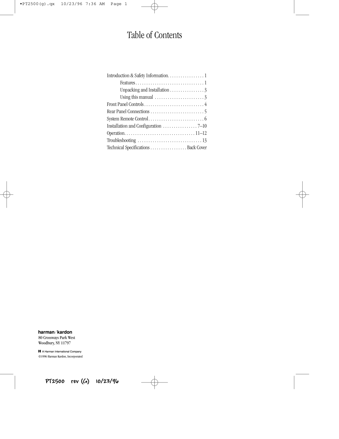 Harman-Kardon PT2500 owner manual Table of Contents 