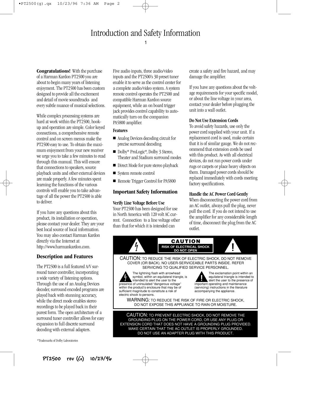 Harman-Kardon PT2500 owner manual Introduction and Safety Information, Features, Verify Line Voltage Before Use 