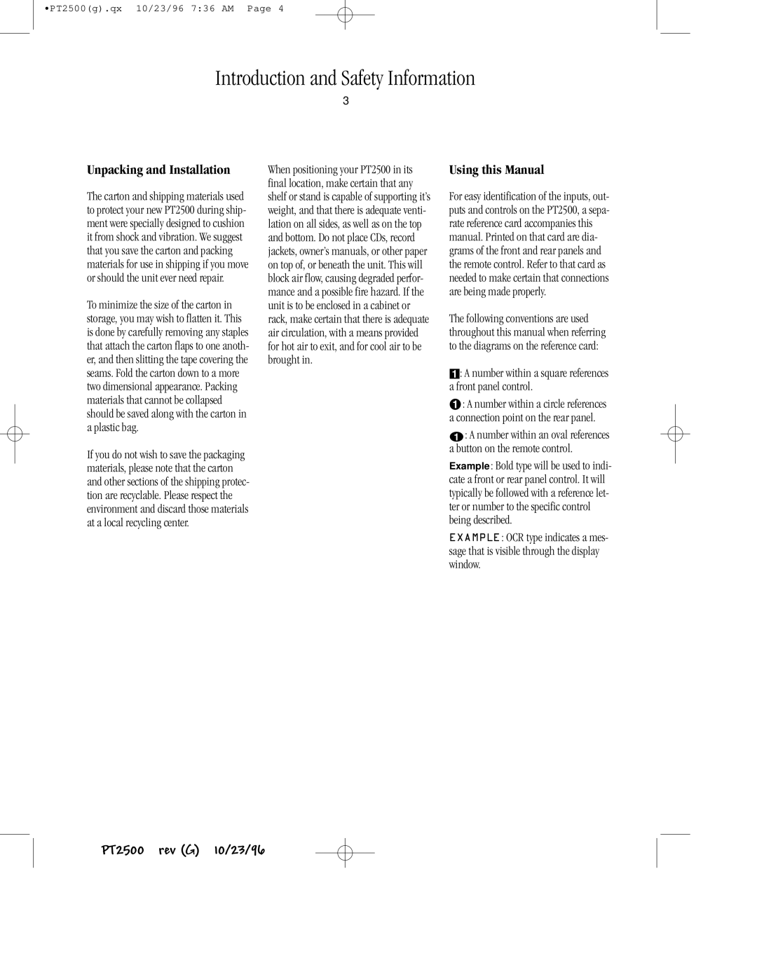 Harman-Kardon PT2500 owner manual Unpacking and Installation, Number within a square references a front panel control 