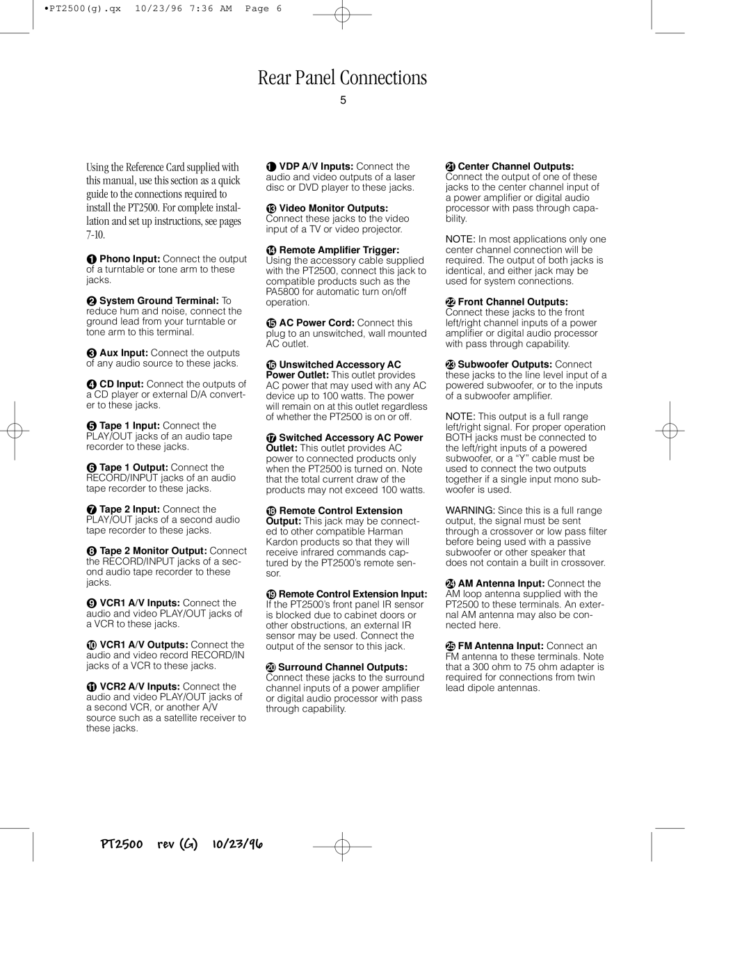 Harman-Kardon PT2500 owner manual Rear Panel Connections 