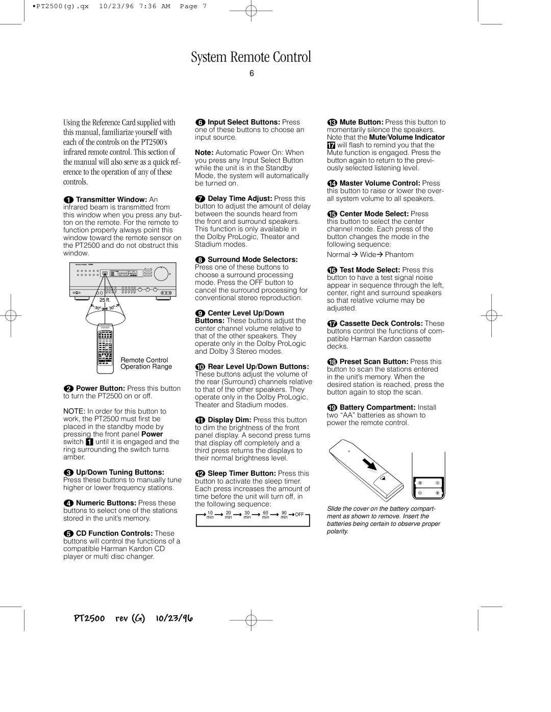 Harman-Kardon owner manual System Remote Control, Power Button Press this button to turn the PT2500 on or off 