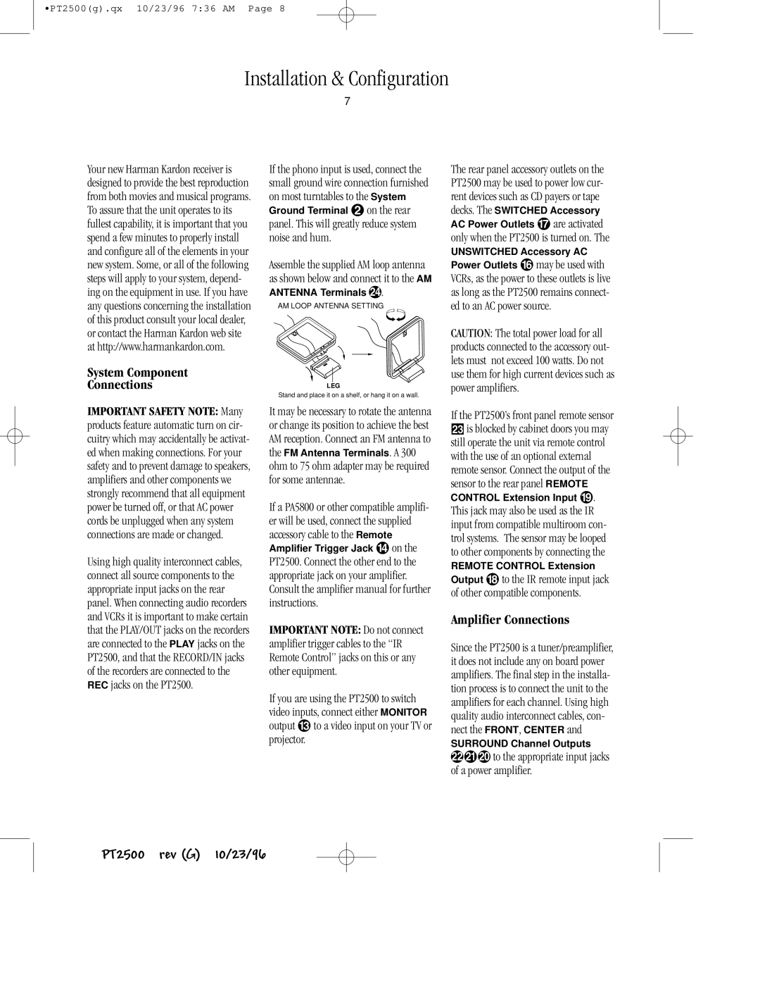 Harman-Kardon owner manual Installation & Configuration, If the PT2500’s front panel remote sensor 