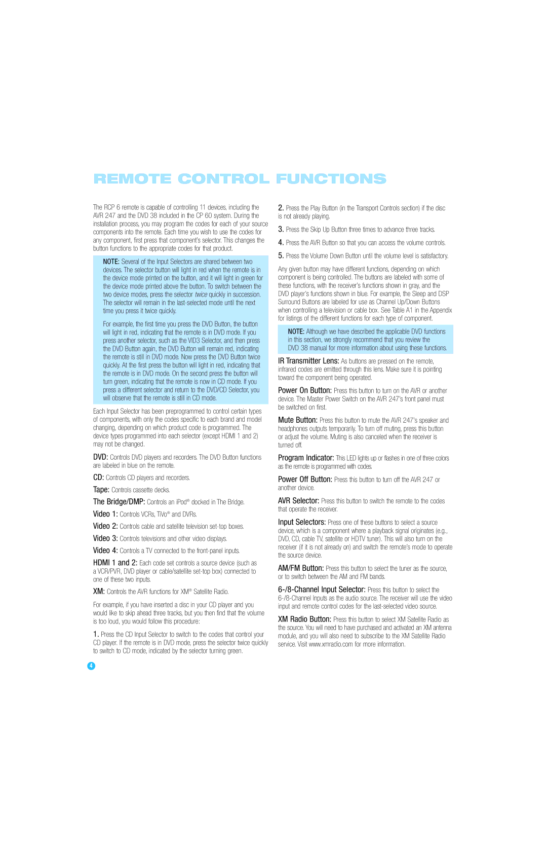 Harman-Kardon RCP 6 owner manual Remote Control Functions, Video 1 Controls VCRs, TiVo and DVRs 