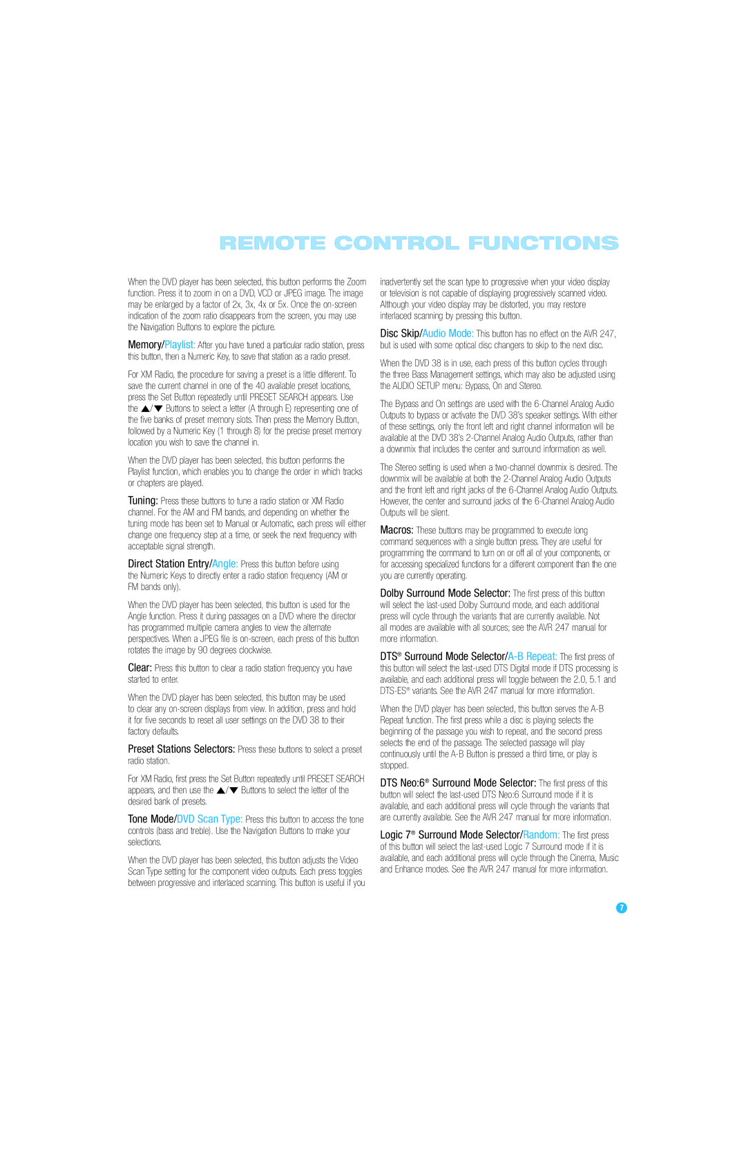 Harman-Kardon RCP 6 owner manual Remote Control Functions 