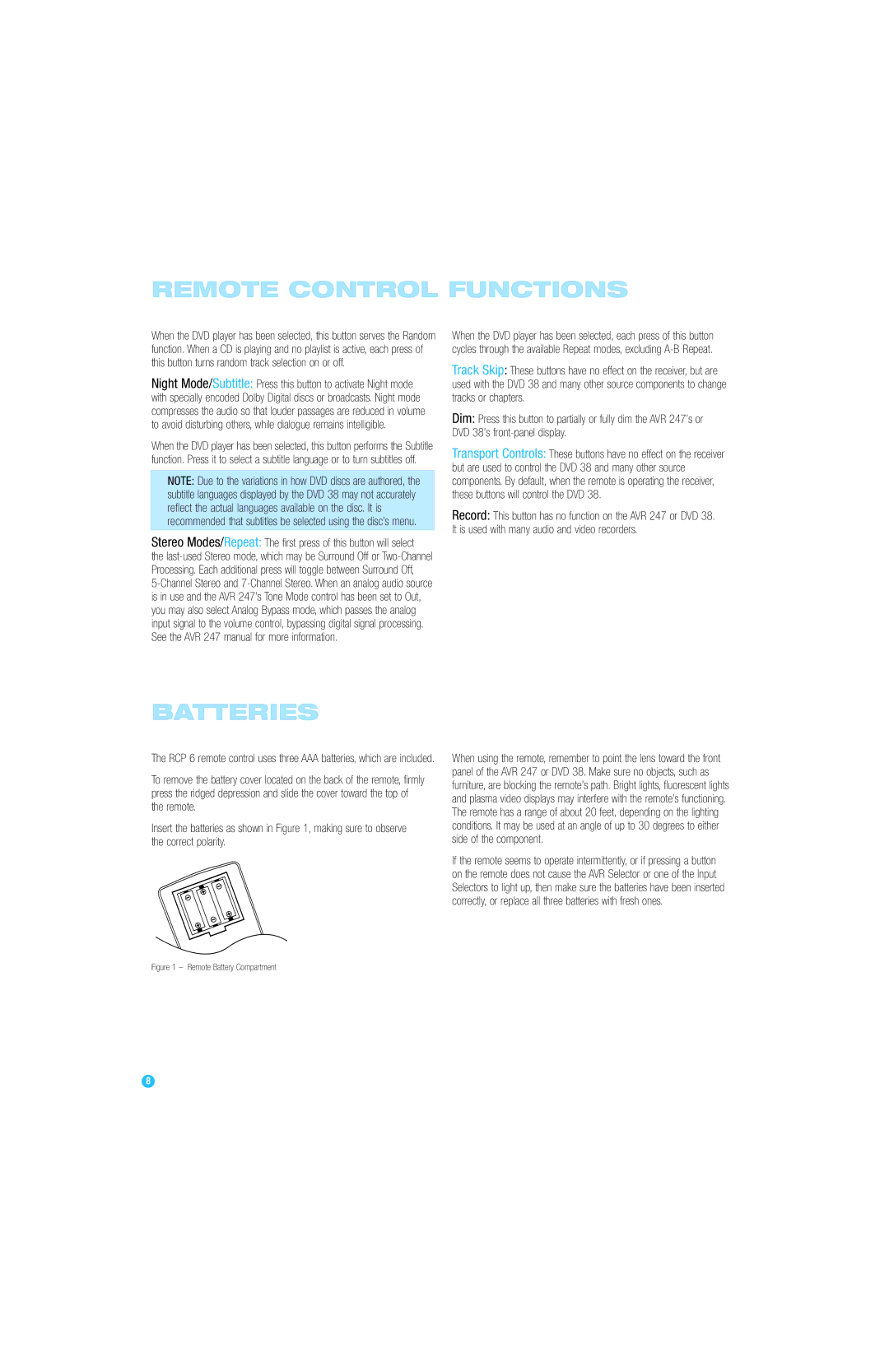 Harman-Kardon RCP 6 owner manual Batteries, Remote Battery Compartment 