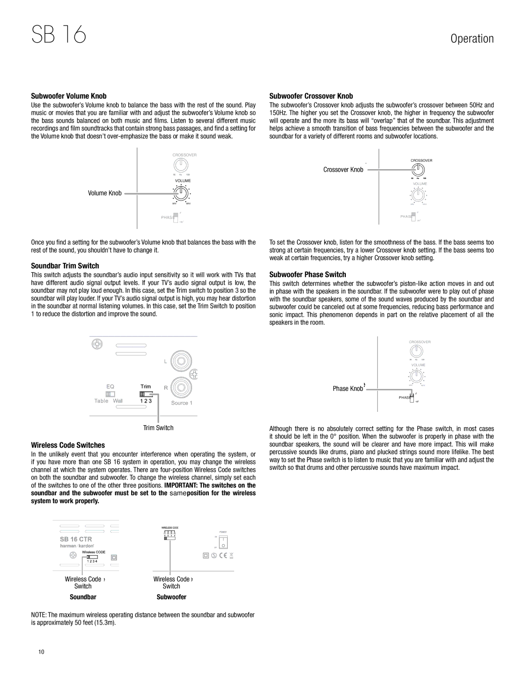 Harman-Kardon SB 16 Subwoofer Volume Knob, Subwoofer Crossover Knob, Soundbar Trim Switch, Wireless Code Switches 