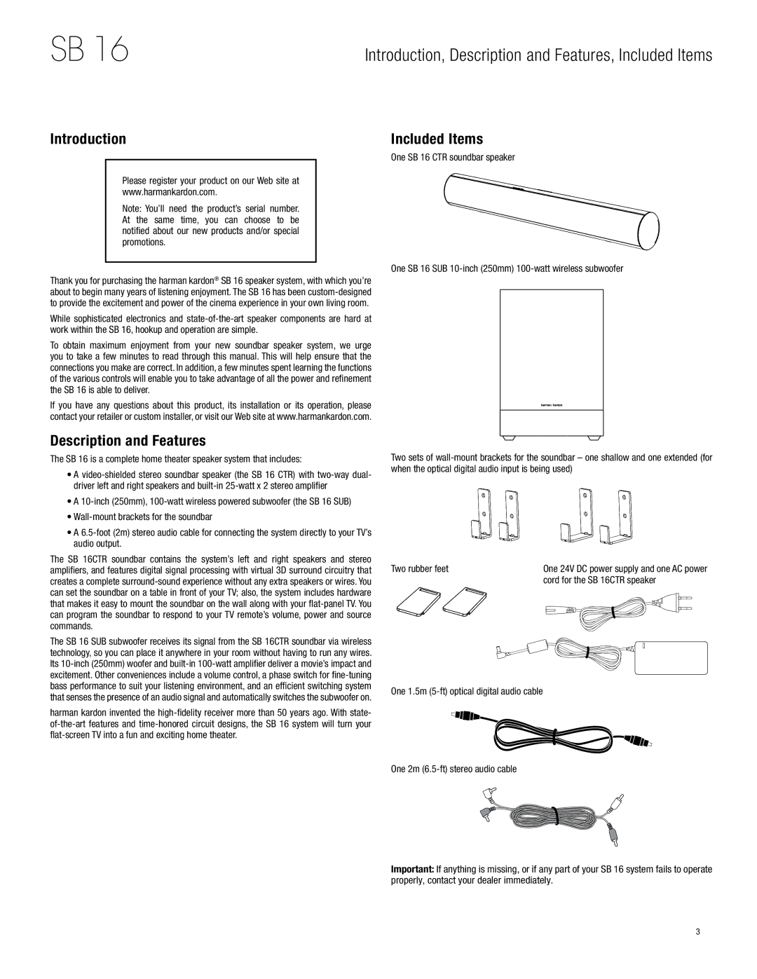 Harman-Kardon SB 16 owner manual Introduction, Included Items, Description and Features 