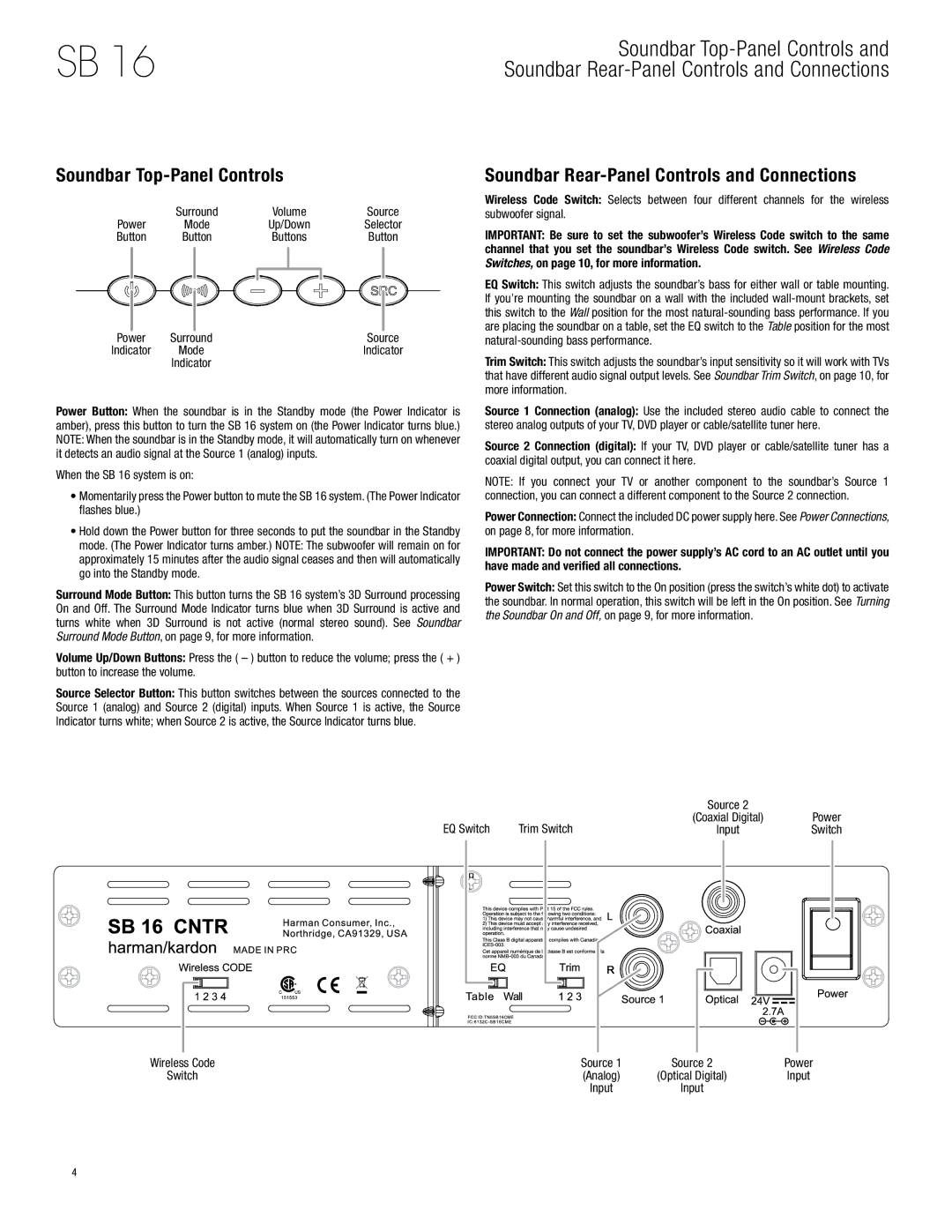 Harman-Kardon SB 16 owner manual Soundbar Top-Panel Controls, Soundbar Rear-Panel Controls and Connections, Power, Button 