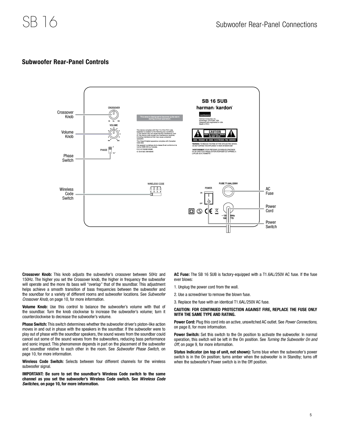 Harman-Kardon SB 16 Subwoofer Rear-Panel Controls, Crossover Knob Volume Phase Switch Wireless Code, Fuse, Cord 