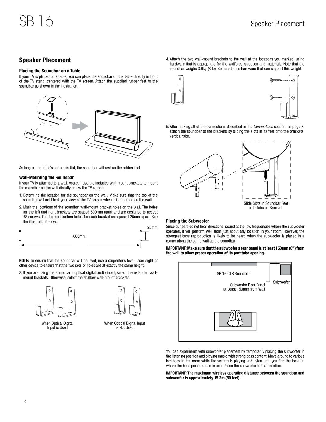 Harman-Kardon SB 16 Speaker Placement, Placing the Soundbar on a Table, Wall-Mounting the Soundbar, Placing the Subwoofer 