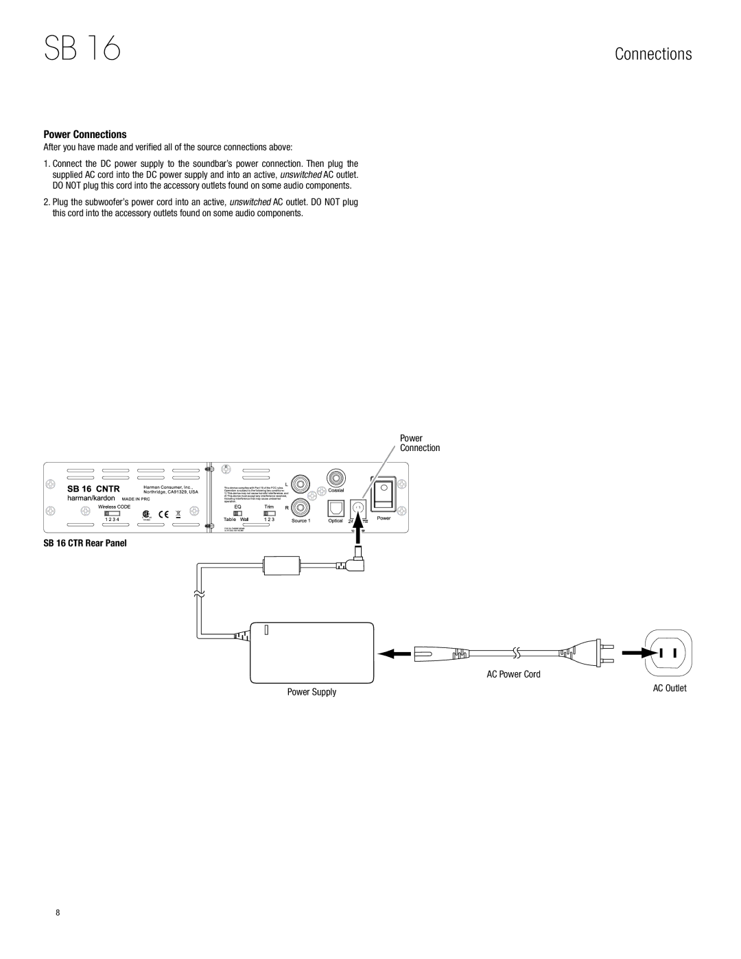 Harman-Kardon SB 16 owner manual Power Connections, AC Power Cord, Power Supply 