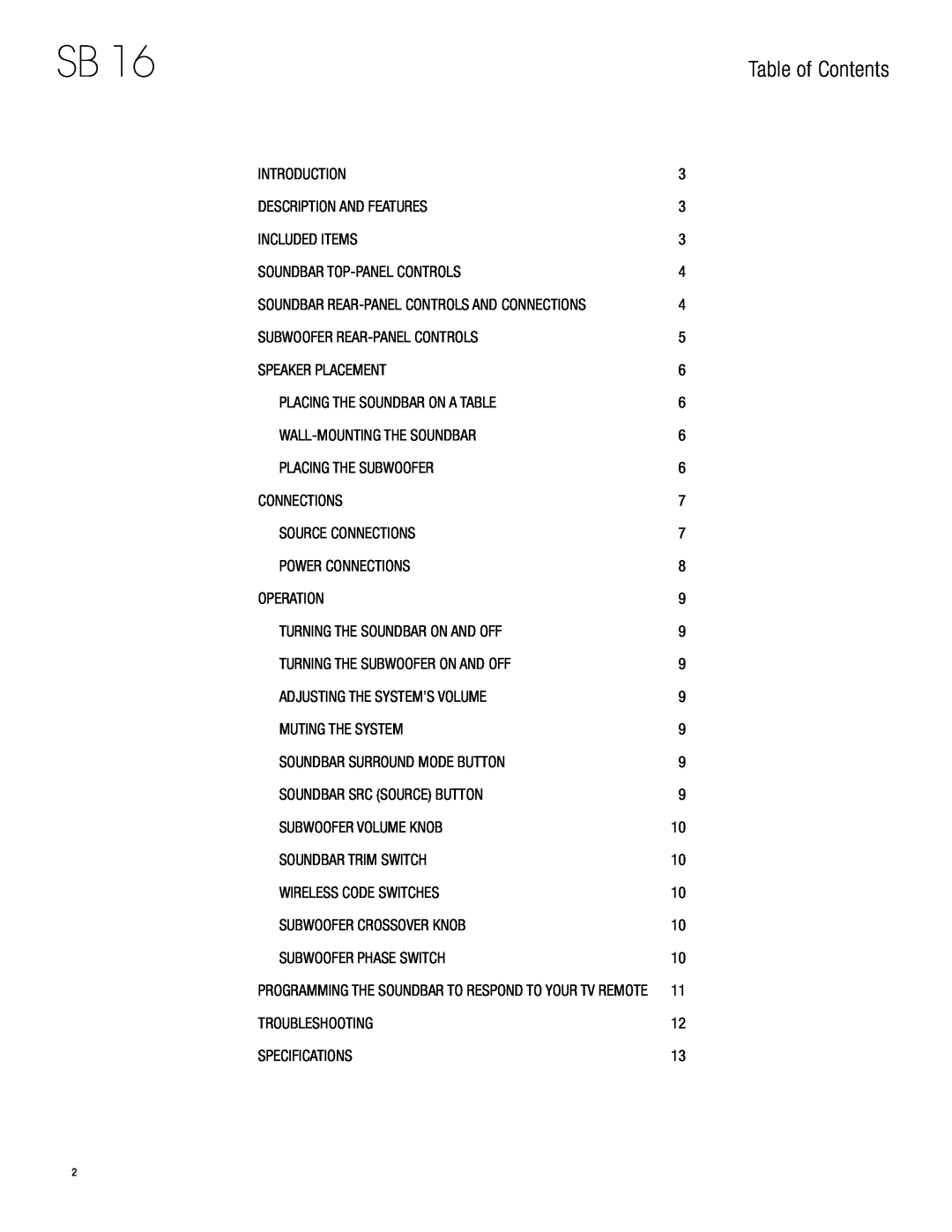 Harman-Kardon SB 16 owner manual Table of Contents 
