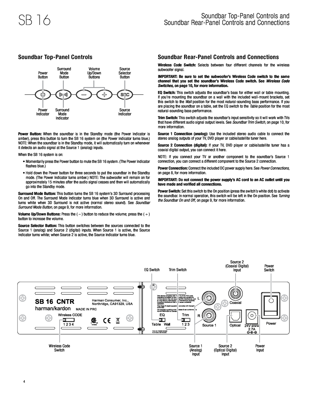 Harman-Kardon SB 16 owner manual Soundbar Top-Panel Controls, Soundbar Rear-Panel Controls and Connections 