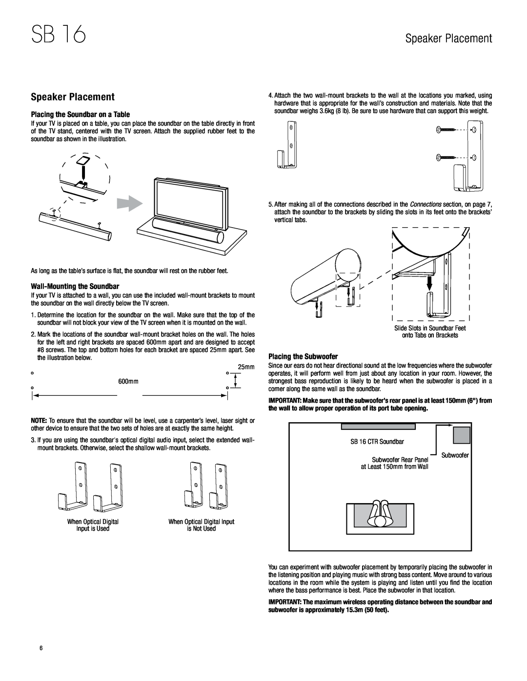 Harman-Kardon SB 16 Speaker Placement, Placing the Soundbar on a Table, Wall-Mounting the Soundbar, Placing the Subwoofer 