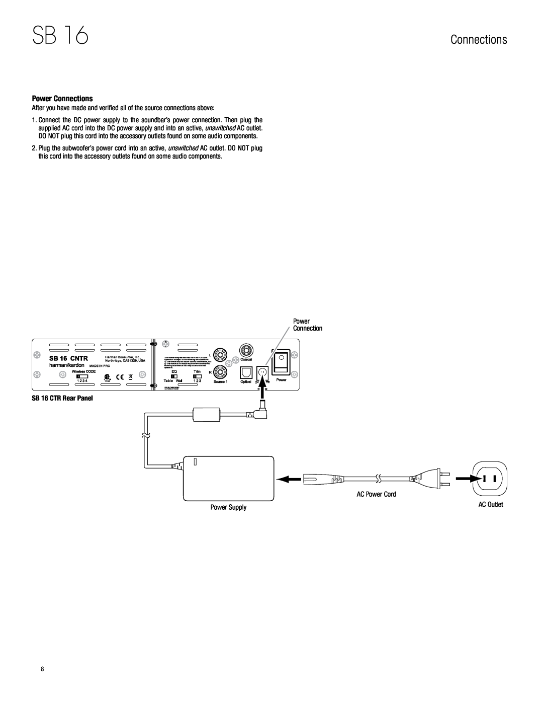 Harman-Kardon owner manual Power Connections, SB 16 CTR Rear Panel 