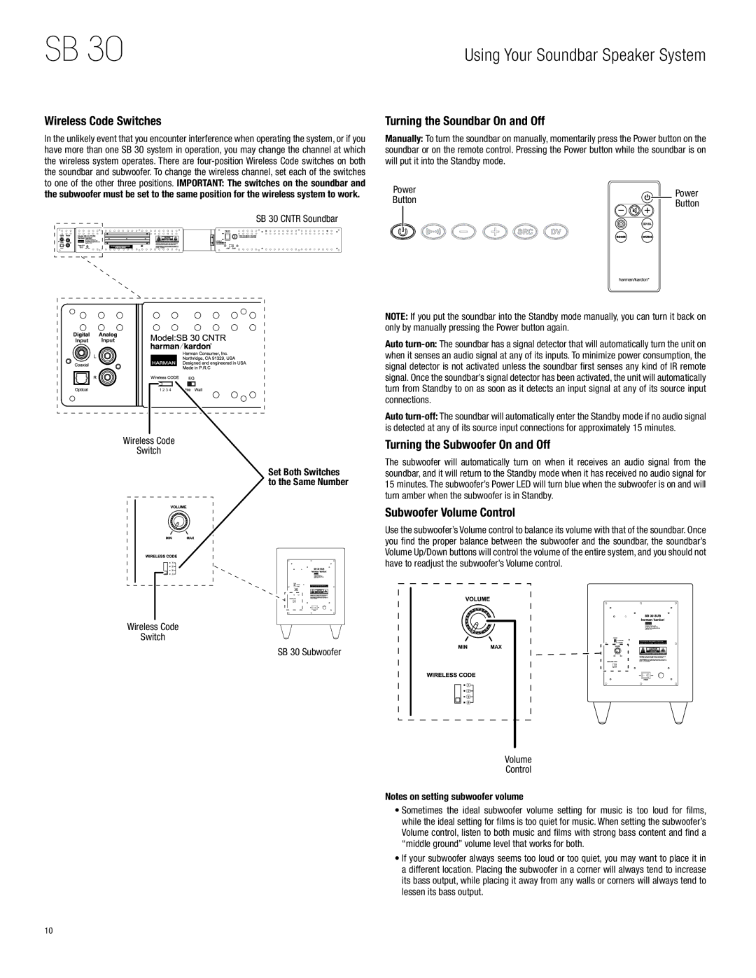 Harman-Kardon SB 30, HKSB30BLK Wireless Code Switches, Turning the Soundbar On and Off, Turning the Subwoofer On and Off 