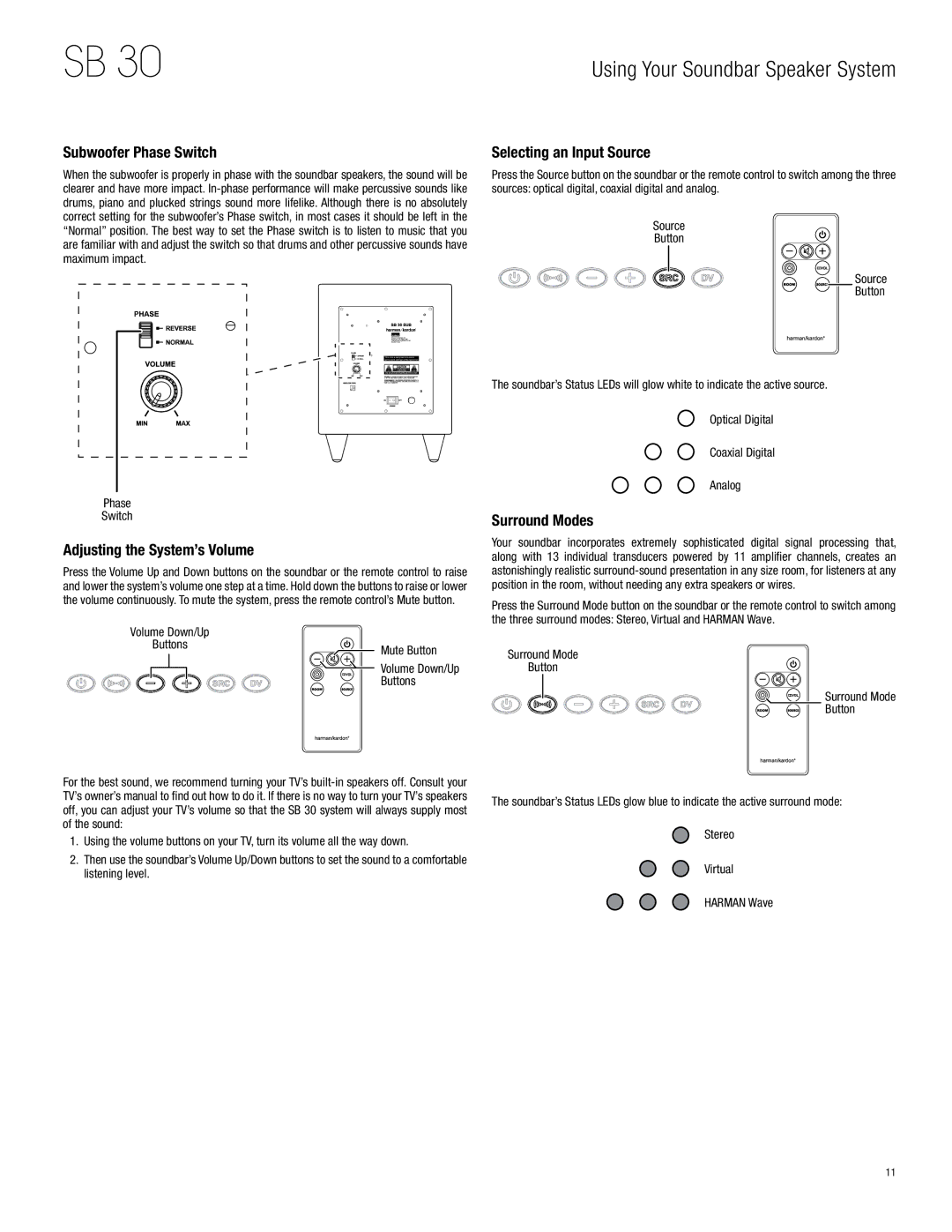 Harman-Kardon HKSB30BLK Subwoofer Phase Switch, Selecting an Input Source, Adjusting the System’s Volume, Surround Modes 