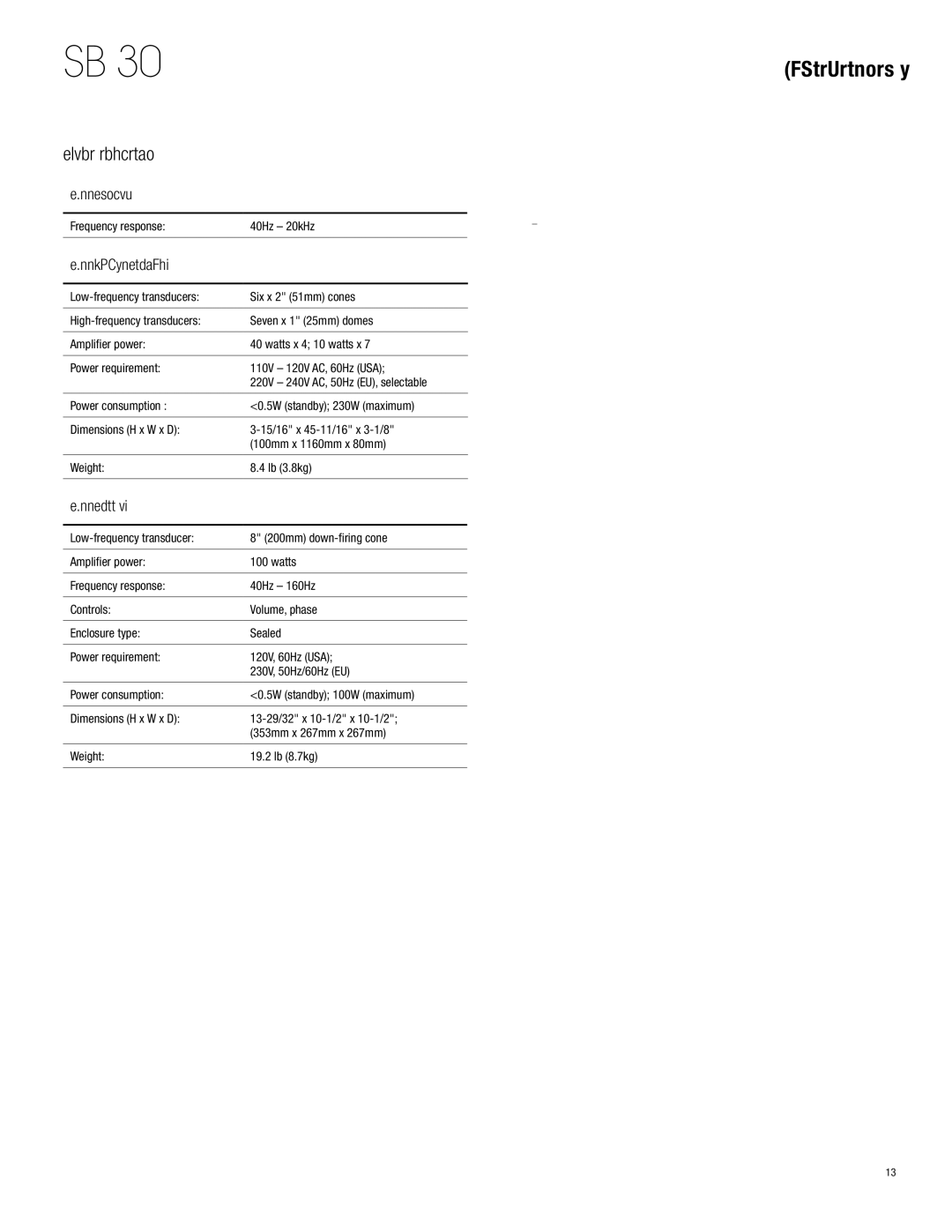 Harman-Kardon HKSB30BLK owner manual Specifications, SB 30 System, SB 30 Cntr Soundbar, SB 30 Subwoofer 