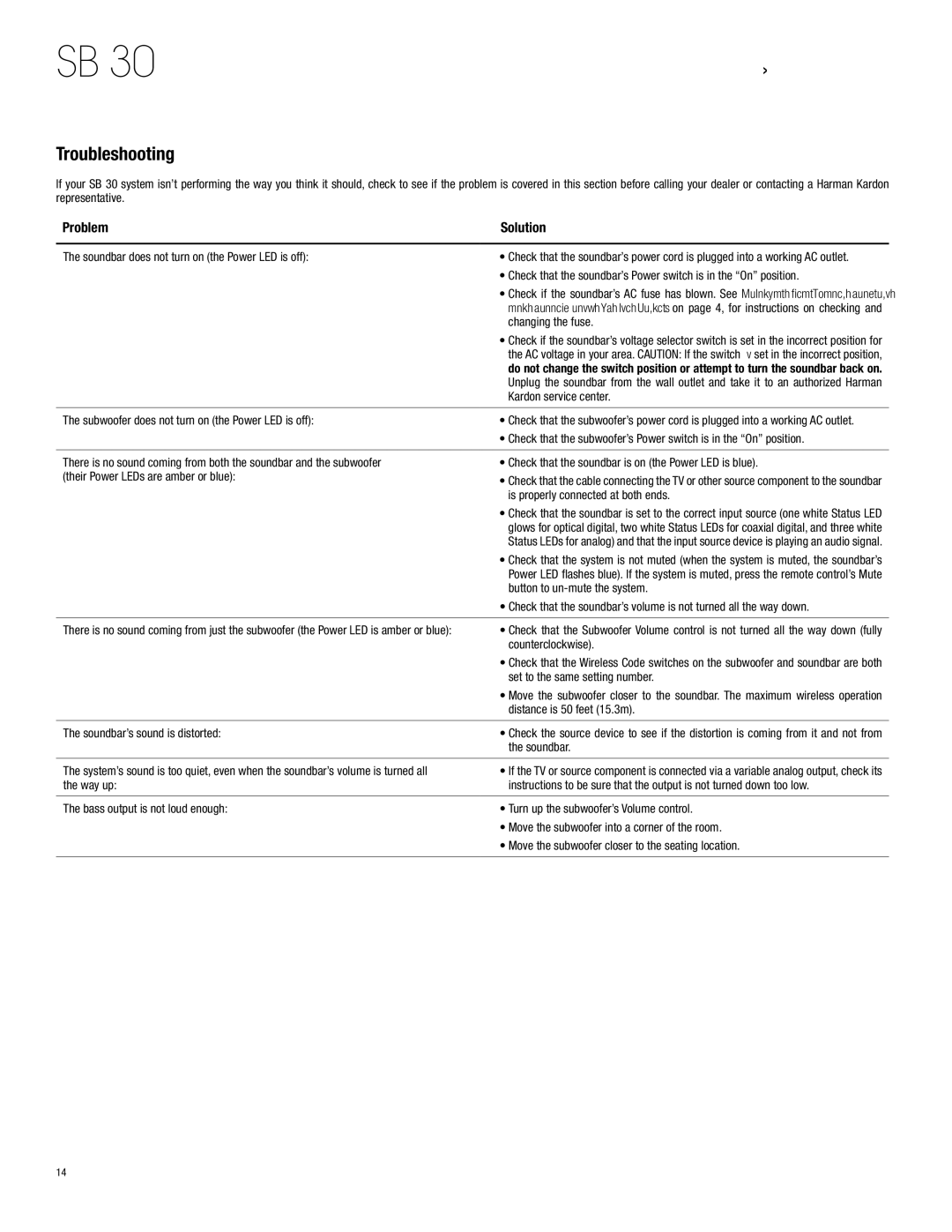 Harman-Kardon SB 30, HKSB30BLK owner manual Troubleshooting 