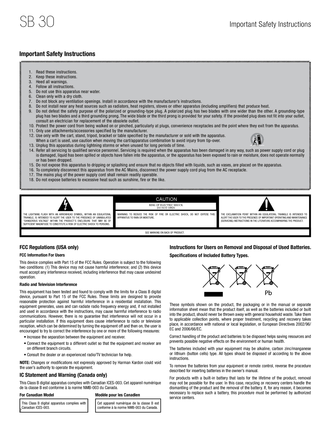 Harman-Kardon SB 30 Important Safety Instructions, FCC Regulations USA only, IC Statement and Warning Canada only 