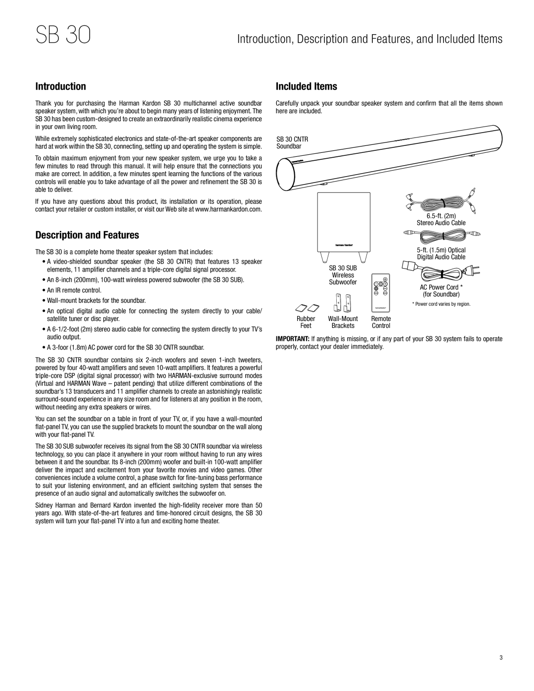 Harman-Kardon HKSB30BLK, SB 30 owner manual Introduction, Included Items, Description and Features 