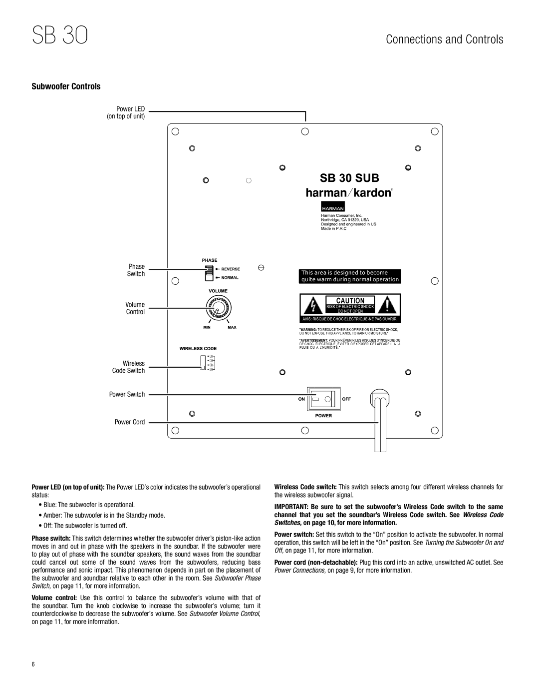 Harman-Kardon SB 30, HKSB30BLK owner manual Subwoofer Controls, Phase Switch Volume Control, Power Switch 