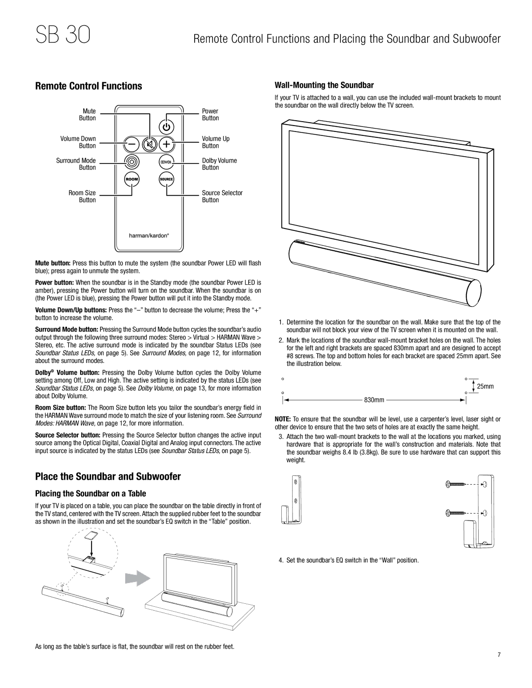 Harman-Kardon HKSB30BLK, SB 30 Remote Control Functions, Place the Soundbar and Subwoofer, Wall-Mounting the Soundbar 