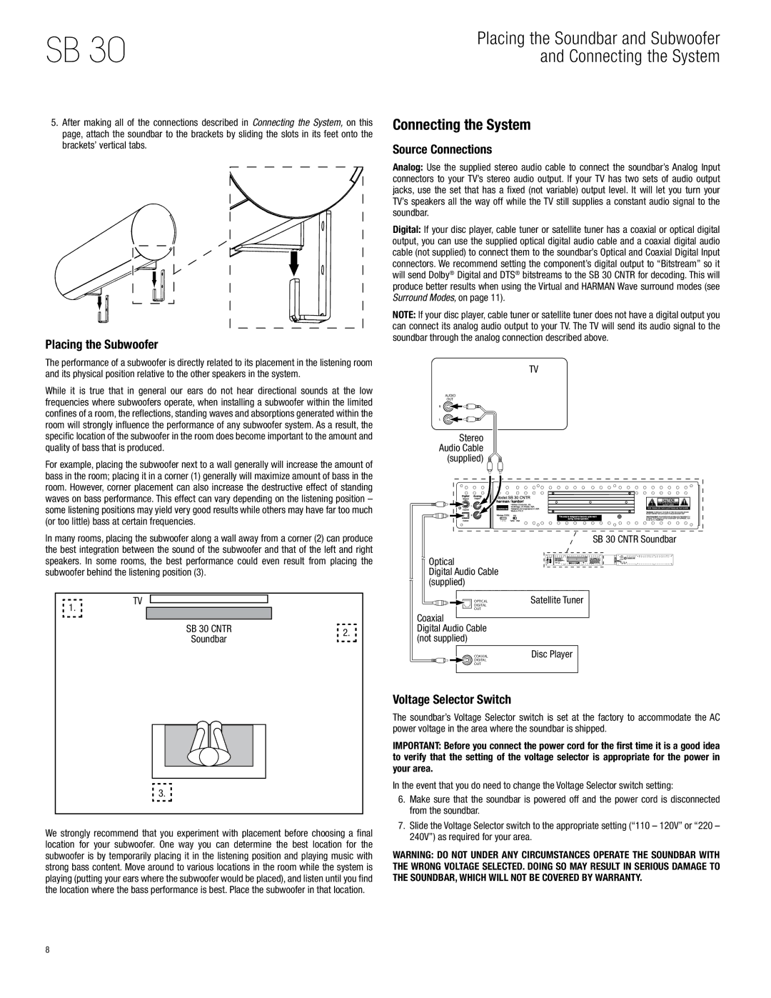 Harman-Kardon SB 30, HKSB30BLK Connecting the System, Placing the Subwoofer, Source Connections, Voltage Selector Switch 