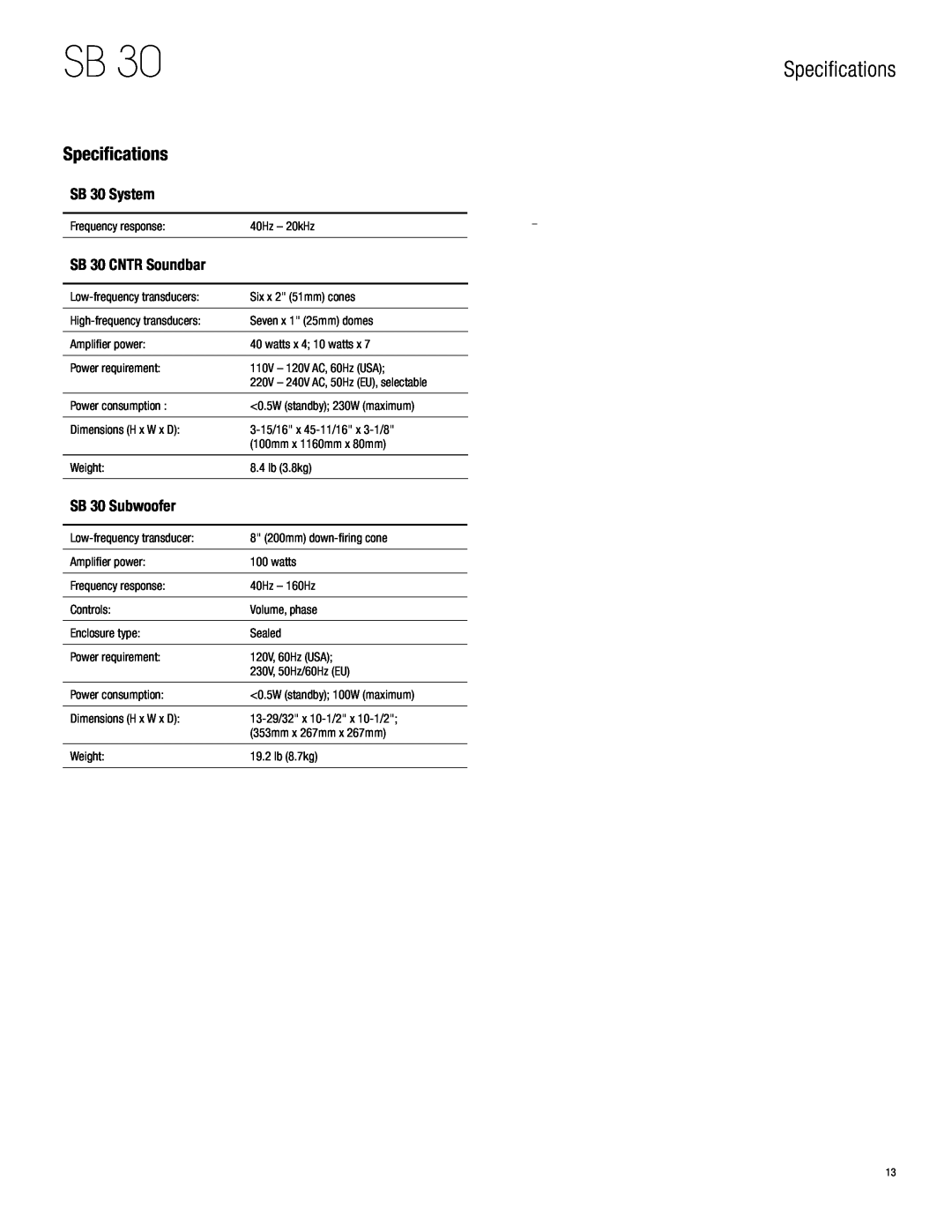 Harman-Kardon HKSB30BLK owner manual Specifications, SB 30 System, SB 30 CNTR Soundbar, SB 30 Subwoofer 