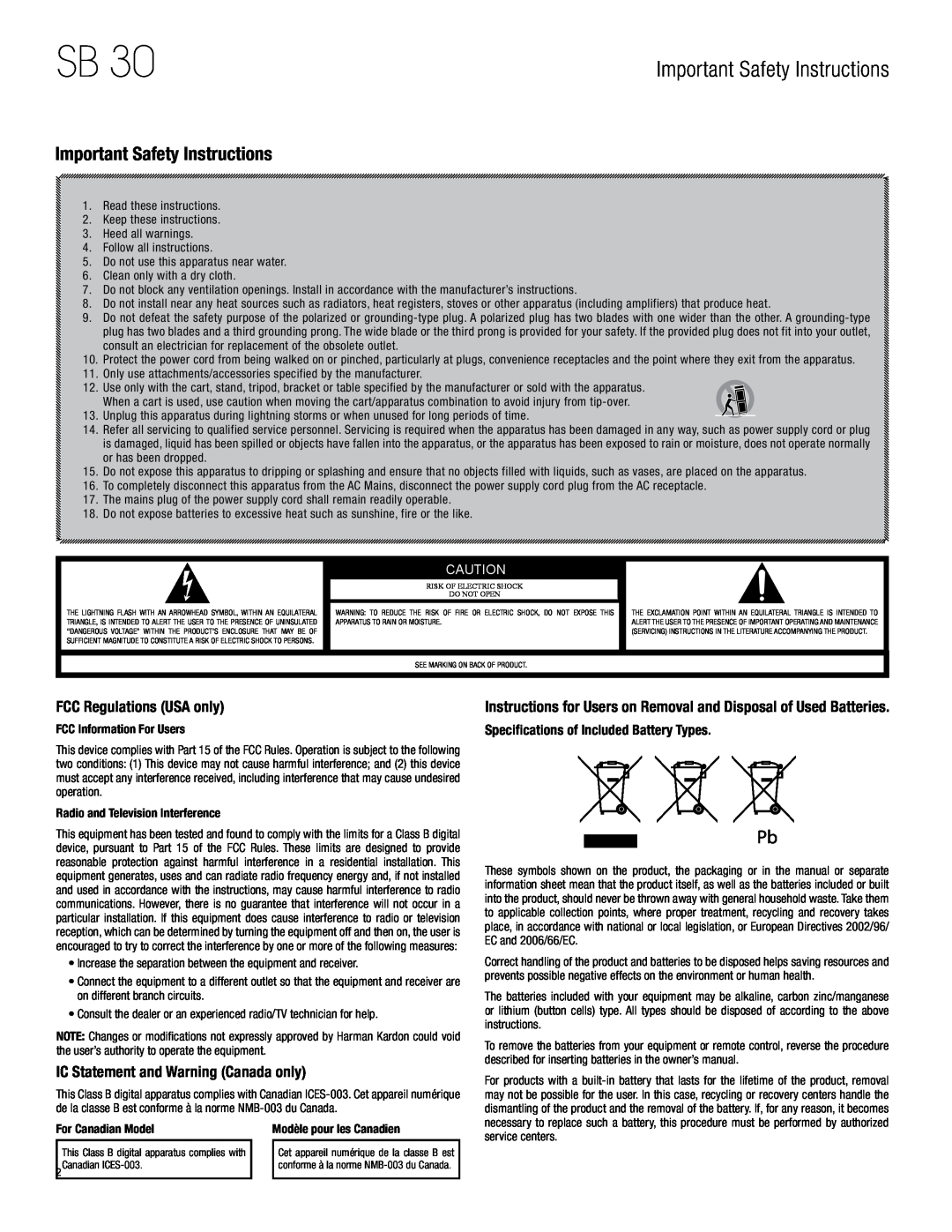 Harman-Kardon SB 30 Important Safety Instructions, FCC Regulations USA only, IC Statement and Warning Canada only 