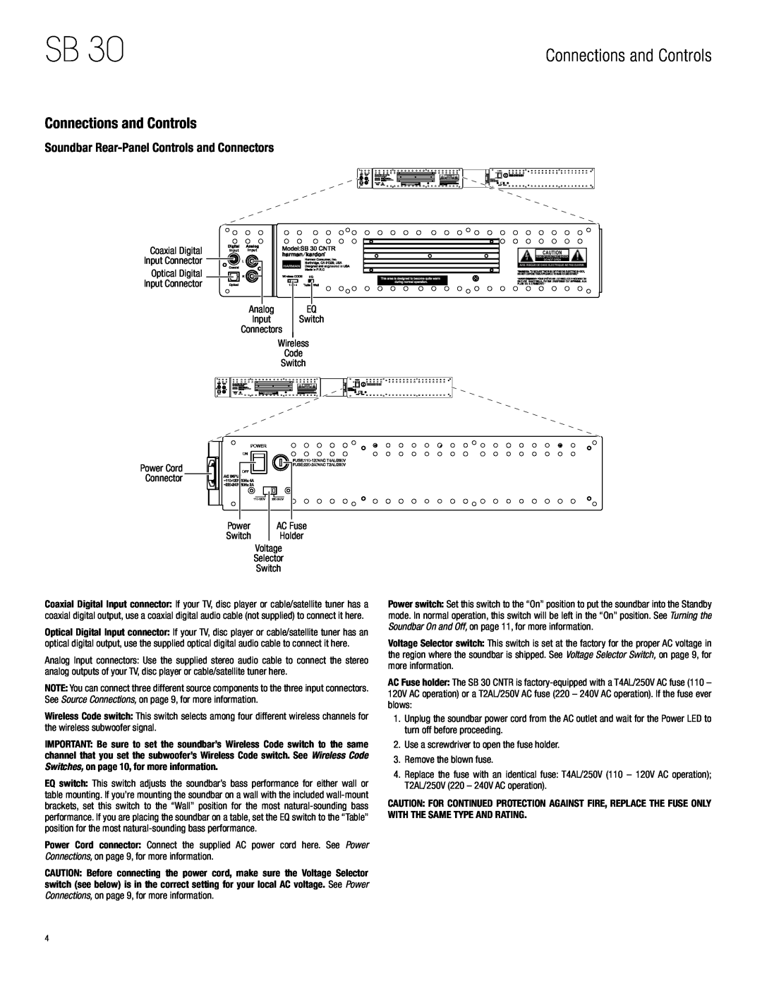 Harman-Kardon SB 30, HKSB30BLK owner manual Connections and Controls, Soundbar Rear-PanelControls and Connectors 