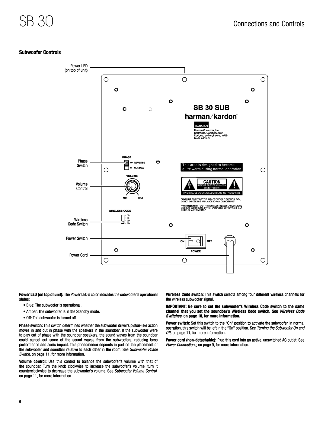 Harman-Kardon SB 30 Subwoofer Controls, Connections and Controls, Phase Switch Volume Control, Power Switch, Power Cord 