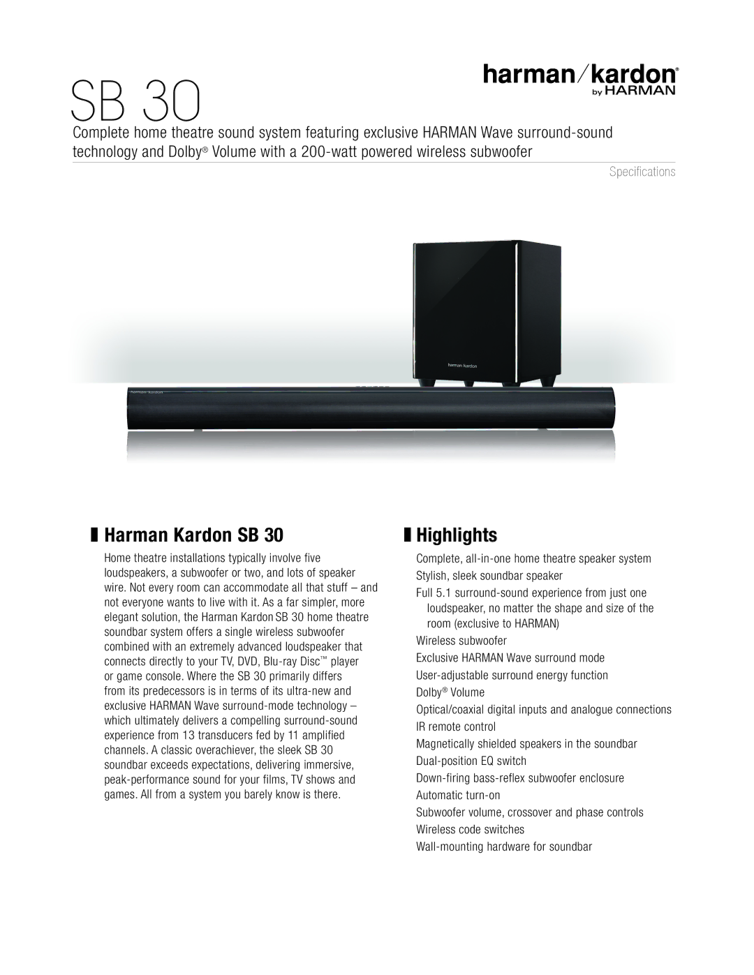 Harman-Kardon SB 30 specifications Harman Kardon SB, Highlights 